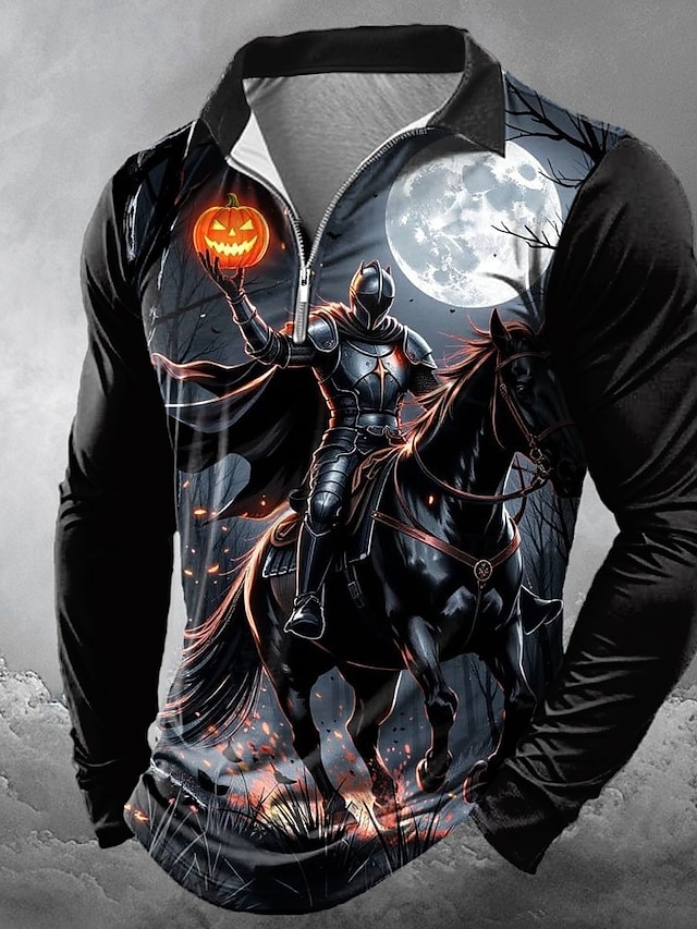  Halloween Hombre Calabaza Camisetas polo con cremallera Camisas de polo Diseño Casual Horror Oscuro Exterior Atuendo para festival Impresión 3D Primavera Otoño Invierno Negro Amarillo Naranja
