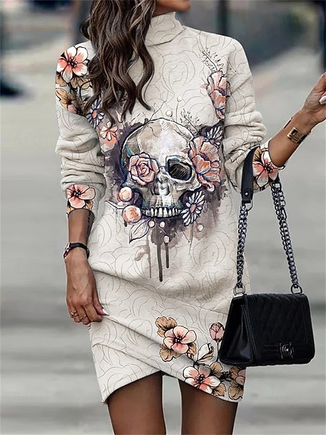  Halloween Dame Sweatshirt Kjole Mini Kjole Innpakningskjole Fest Boho Semi Formell Formell Utendørs Hjem Regular Fit Blomster Grafisk Dødningehode Langermet Høyhals svart Aprikos Vår Høst Vinter
