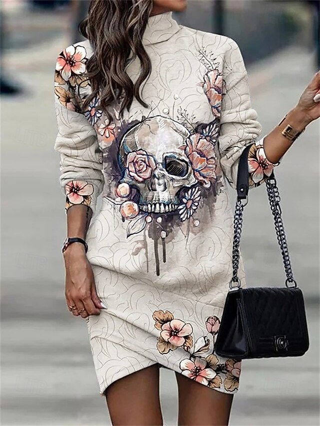 Halloween Women's Sweatshirt Dress Skulls Print Mini Dress Wrap Dress Party Boho Semi Formal Formal Outdoor Home  Floral Graphic Skull Long Sleeve Turtleneck Black Apricot Spring Fall Winter4