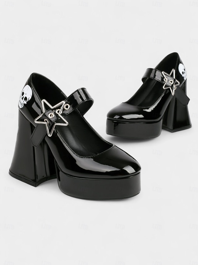 Γυναικεία μαύρα τακούνια πλατφόρμας Mary Jane με τύπωμα νεκροκεφαλής και αγκράφα με αστέρι – γοτθικά παπούτσια για το Halloween για πανκ μόδα, cosplay και θεματικές εκδηλώσεις
