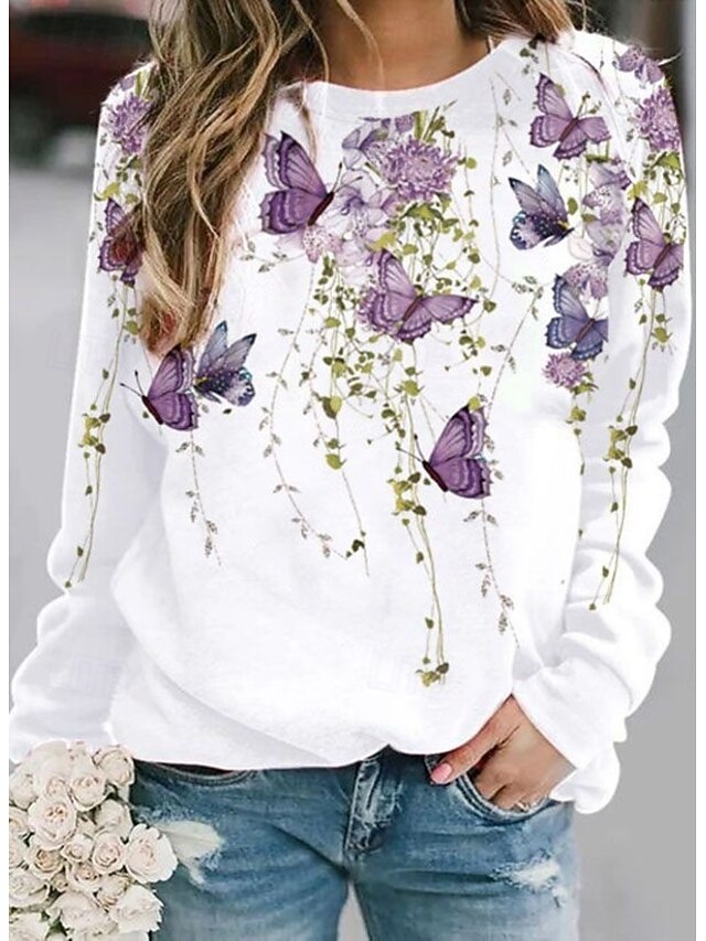 Women's Sweatshirts Graphic Butterfly Warm Classic Casual Long Sleeve Crew Neck Round Neck Regular Tops Home Street Dailywear Print White Spring Fall Winter4