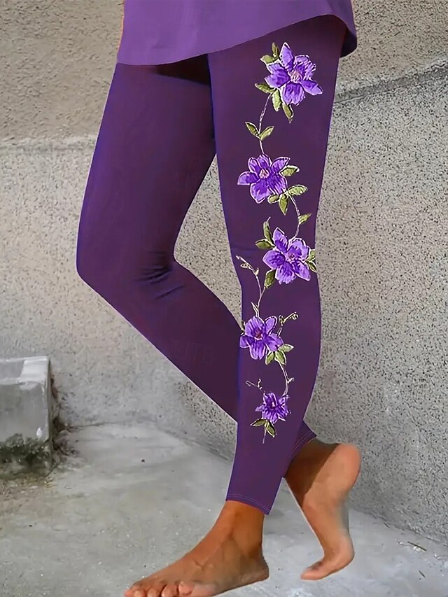 Women's Pants Trousers Leggings Cozy Leggings Streetwear Casual Full Length High Waist Floral Elastic Waist Print Breathability Comfortable Stretchy Vacation Street Daily Wear Purple Spring Fall4