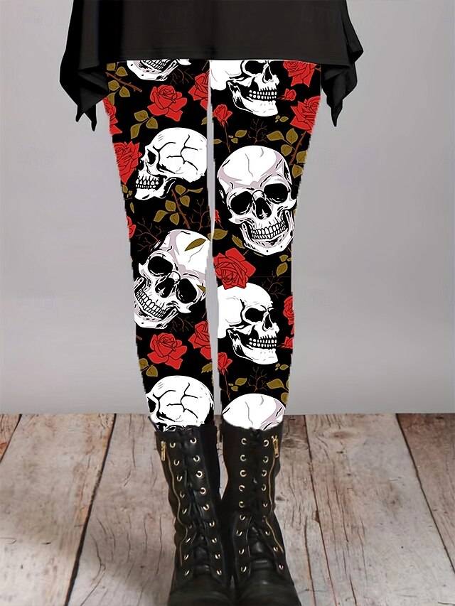 Women's Leggings Vacation Vintage Fashion Full Length High WaistPantsHalloween Floral Graphic Skull Printing Soft Breathable High Elasticity Outdoor Vacation Street Dark red Spring Fall Winter Slim4