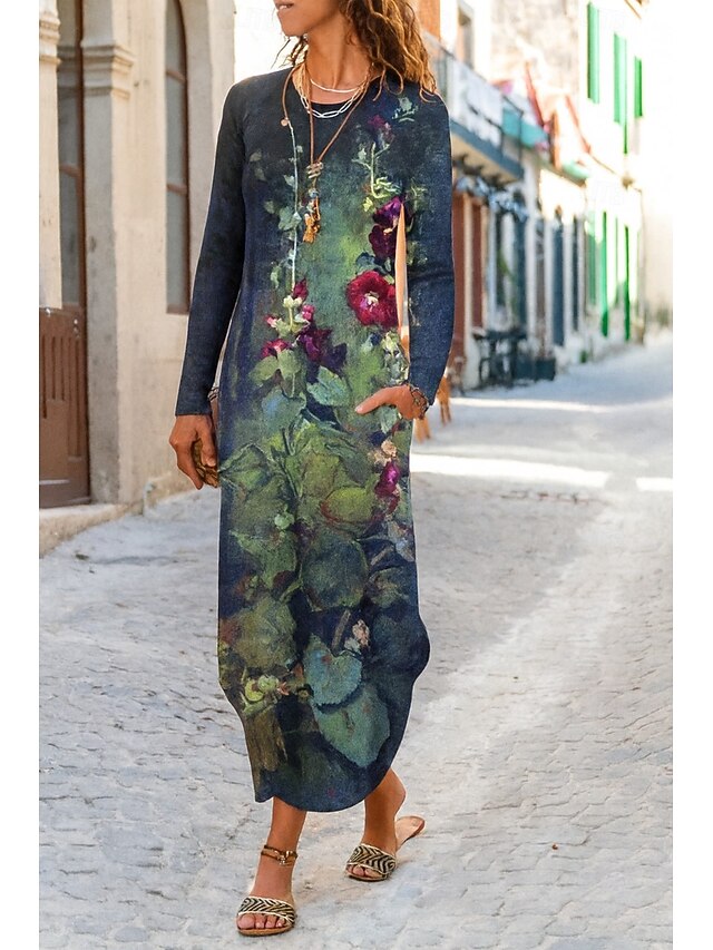 Women's Maxi Dress Sheath Dress T Shirt Dress Tee Dress Vacation Casual Daily Going out Loose Fit Floral Graphic Long Sleeve Crew Neck Purple Green Spring Fall Winter Autumn4