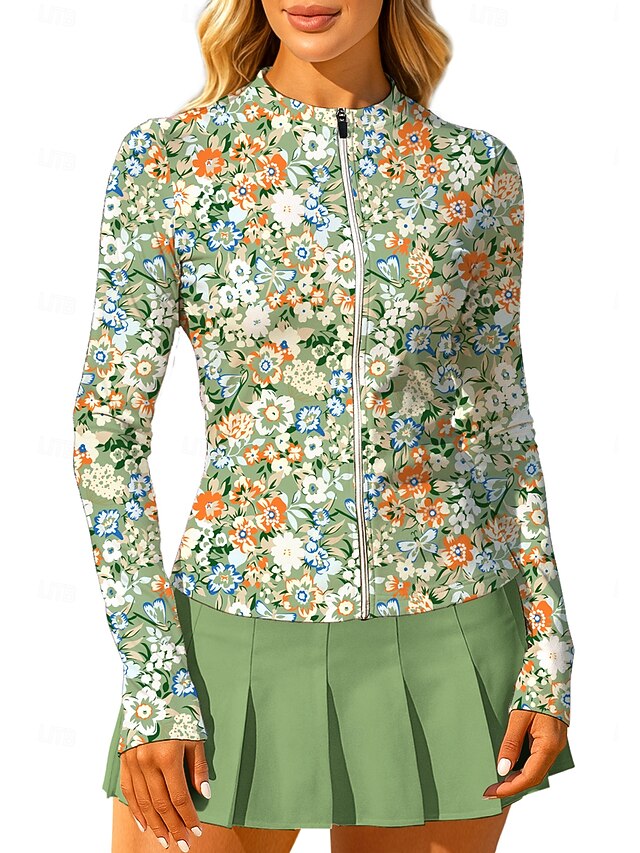 Women's Floral Tops Sport Shirt Tennis Shirt Tennis Top Long Sleeve Zipper Floral UPF50+ UV Resistant High Elasticity Moisture Wicking Breathable Volleyball Tennis Golf Round Stand Collar Tee Tshirt4