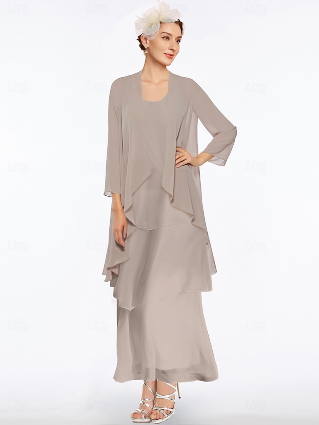  Strandhochzeit Sheath Brautmutterkleid Elegantes Einfaches V-Ausschnitt Knöchellanges Chiffon Ärmellos mit Stufen Einfarbig kostenlose Maßanfertigung