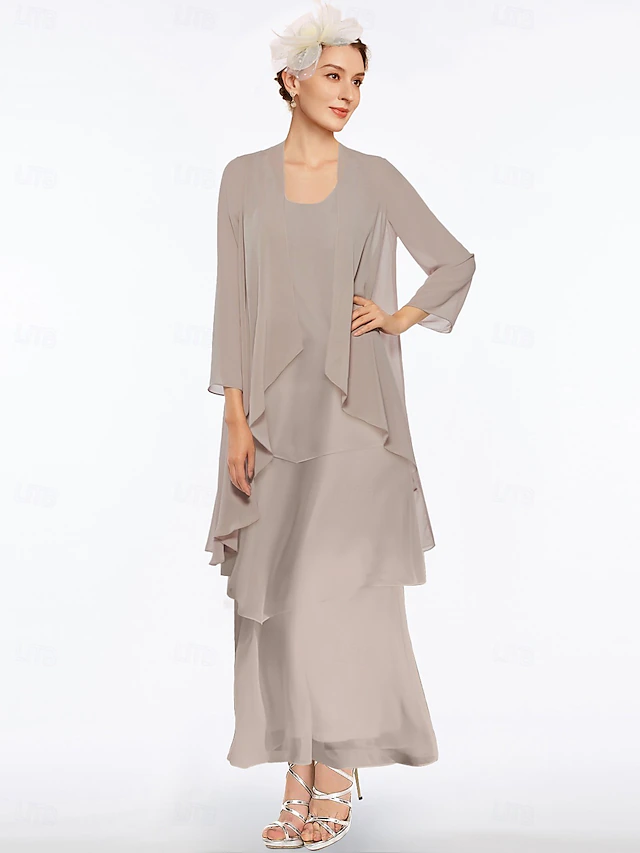 Beach Wedding Sheath Mother of the Bride Dress Elegant Simple V Neck Ankle Length Chiffon Sleeveless with Tier Solid Color 15