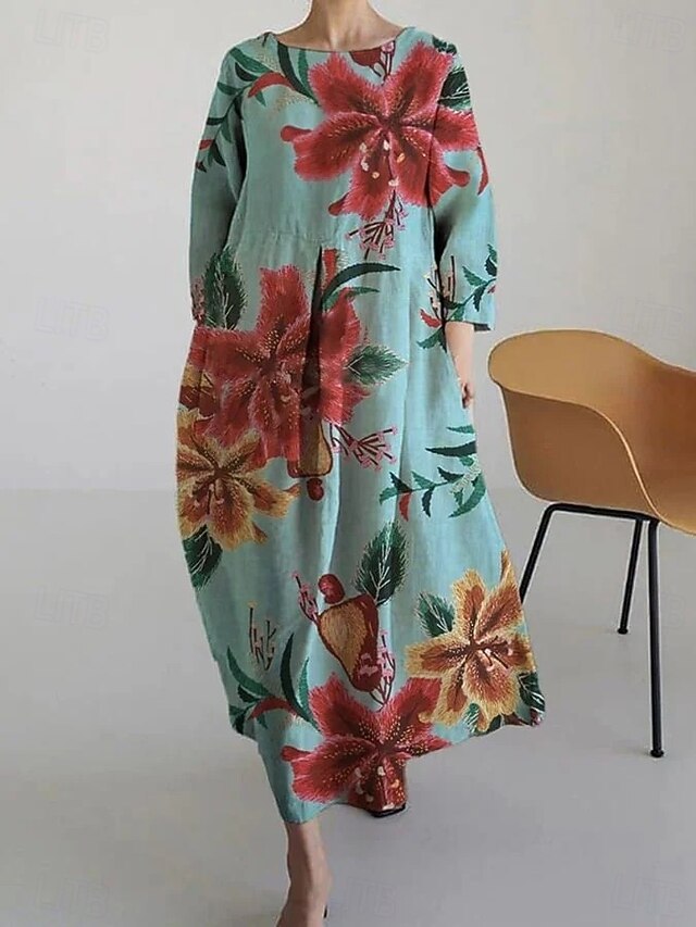  Femmes Robe maxi Robe trapèze Robe ajustée et évasée Fête Occasionnel Boho Soirée robe demoiselle d honneur Quotidien Coupe Ample Fleuri Graphique manche longue Col ras du cou Blanche Bleu Vert