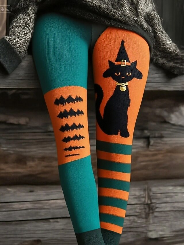 Women's Pants Trousers Leggings Cozy Leggings Streetwear Casual Full Length High WaistPantsHalloween Cat Elastic Waist Print Breathability Comfortable Stretchy Vacation Street Daily Wear Blue Summer4