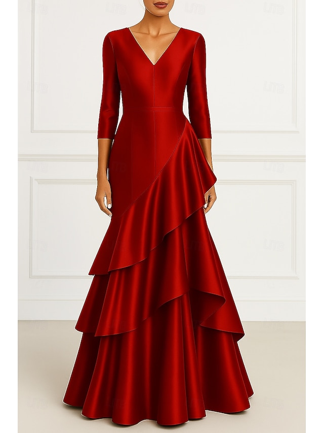 Linha A Vestidos de noite Elegante Traje formal Formal Casamento Longo Manga Longa Decote V Cetim com Pregas Fru-Fru 2025