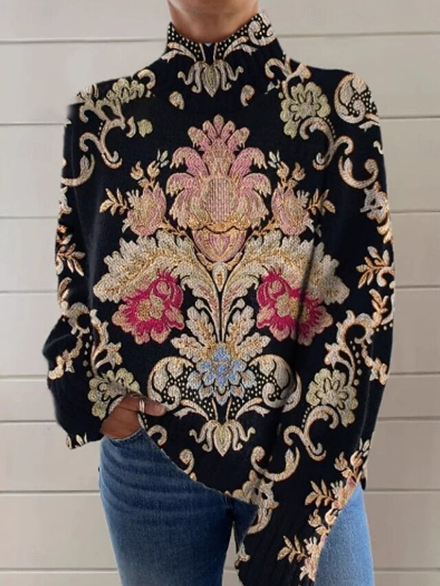Women's Sweater Elegant Vacation Vintage Paisley Turtleneck Floral Long Sleeve Regular Tops Knit Home Daily Holiday Black Fall Winter3