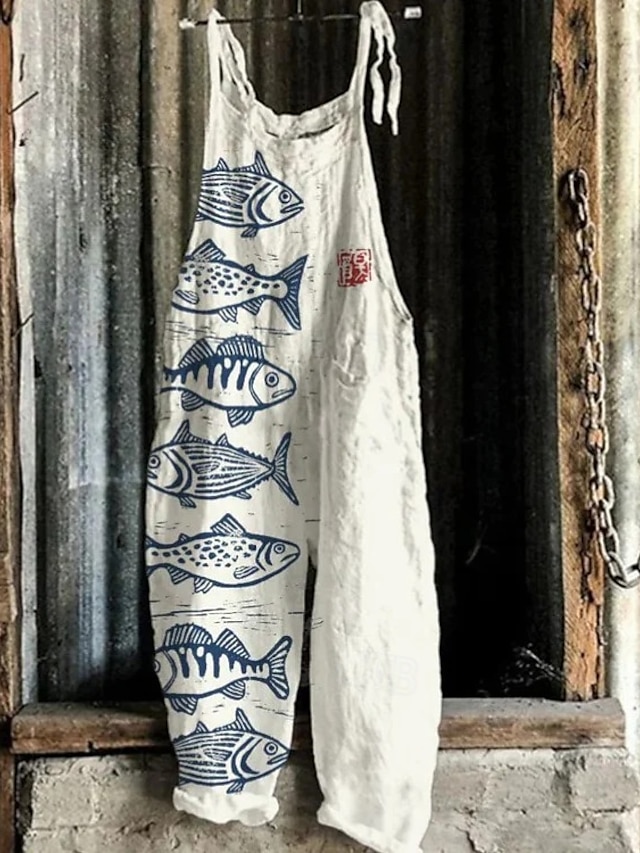  Femmes Combinaison Vacances ancien Style Ethnique Longueur complète Taille Moyenne Animal Poisson Respirabilité Léger Doux Non Elastique Décontracté Occasionnel Quotidien Noir Blanche bleu marine