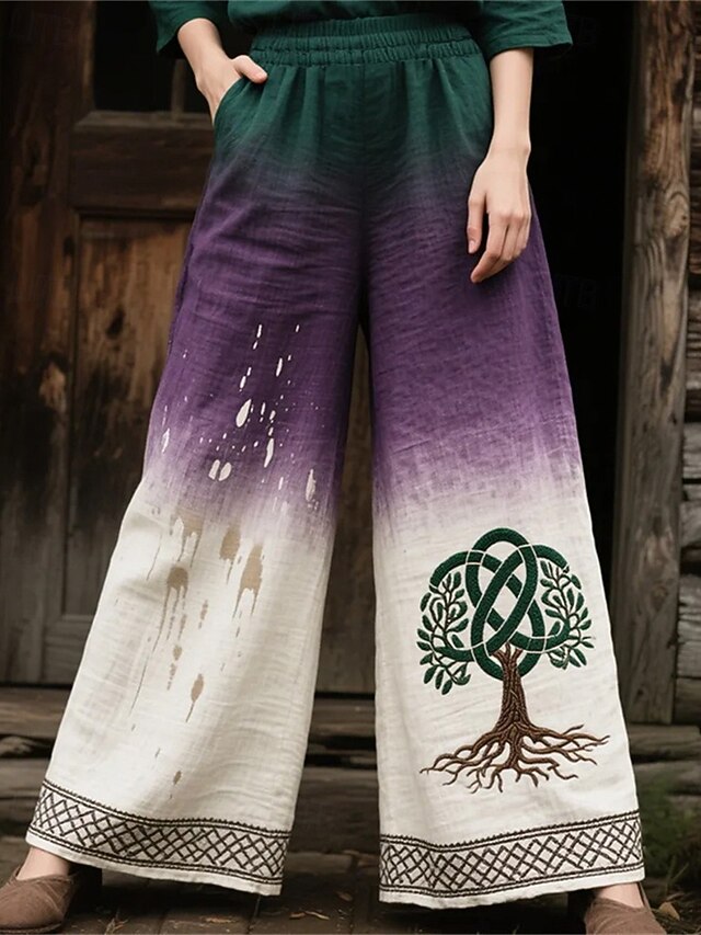 Women's Wide Leg Pants Trousers Palazzo Pants Boho Vintage Inspired Full Length High Waist Flower Elastic Waist Printing Breathability Comfortable Street Daily Wear Going out White Spring Fall4