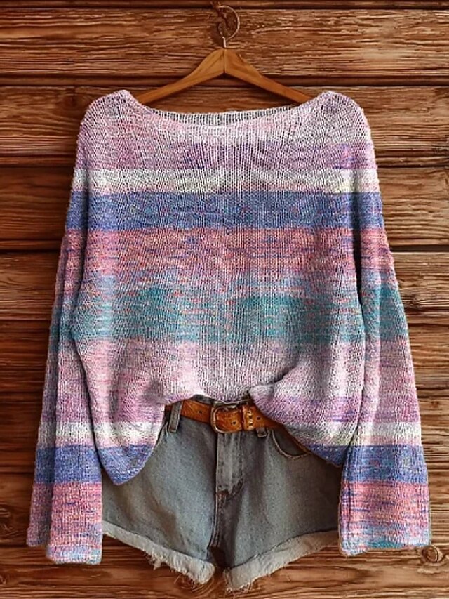 Women's Sweater Casual Soft Striped Stylish Modern Long Sleeve Crew Neck Regular Tops Daily Holiday Print Purple Spring Fall Winter4