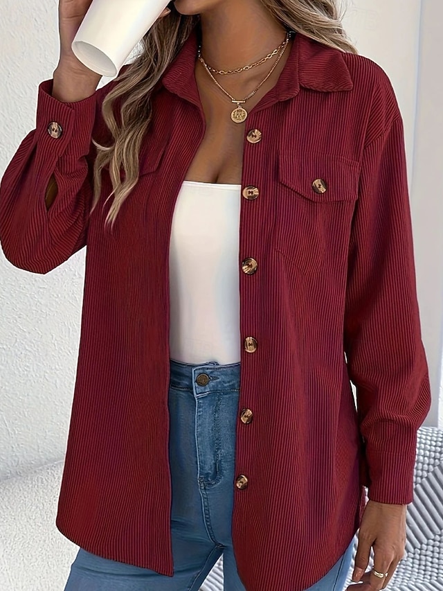  Damen Hemd Textur Bluse Bluse Einfach Modern Lässig Langarm Hemdkragen Normale Oberteile Täglich Ausgehen Tasche Knöpfe Schwarz Wein Khaki Herbst