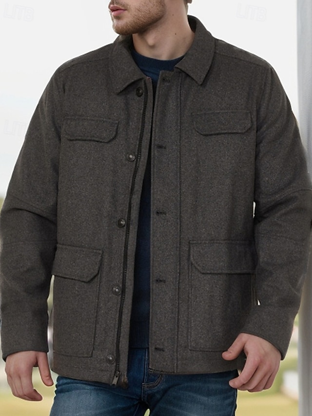  Homens jaqueta leve Jaqueta Carga Jaqueta casual Férias Diário Manter Quente Bolsos Outono Inverno Tecido Moda Clássico Lapela Padrão Preto Marron Cinzento Escuro Casaco