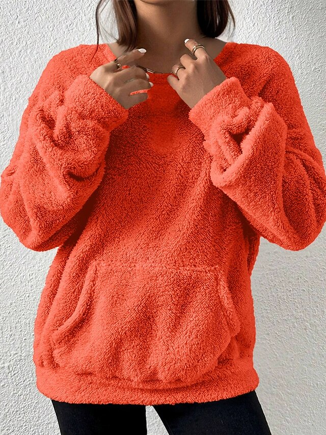 Women's Hoodies Plain Streetwear Casual Long Sleeve Crew Neck Regular Tops Street Holiday Pocket Orange Fall Winter4