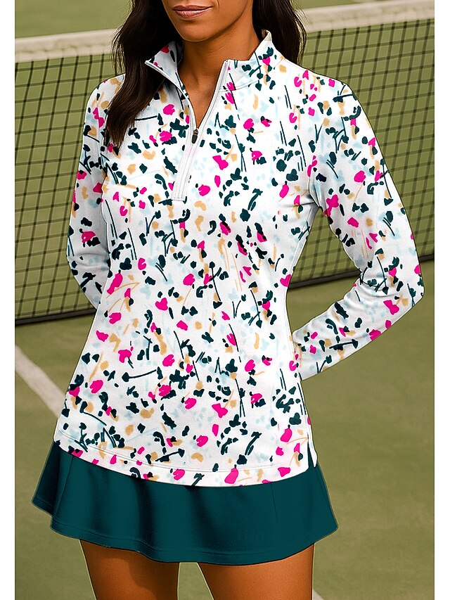 Women's Floral Spot Shirt Sport Shirt Golf Polo Shirt Tennis Shirt Long Sleeve Zipper Floral UPF50+ UV Resistant High Elasticity Moisture Wicking Breathable Tennis Golf Pickleball Stand Collar Zip4