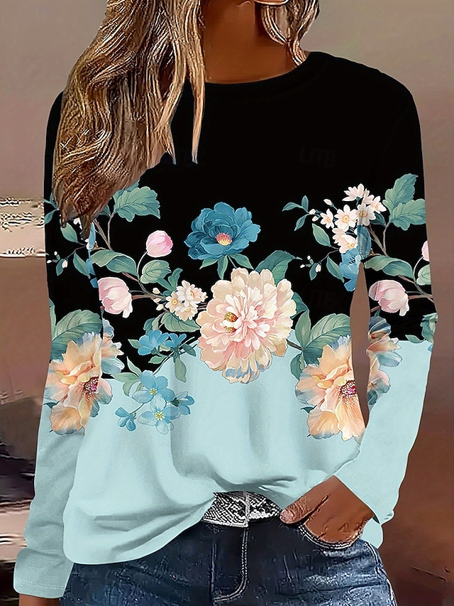  Pentru femei Tricou Floral Grafic Plante Epocă Stilat Clasic Manșon Lung Stil Nautic Rotund Topuri obișnuite Zilnic Imprimeu Albastru Deschis Primăvară Toamnă Iarnă
