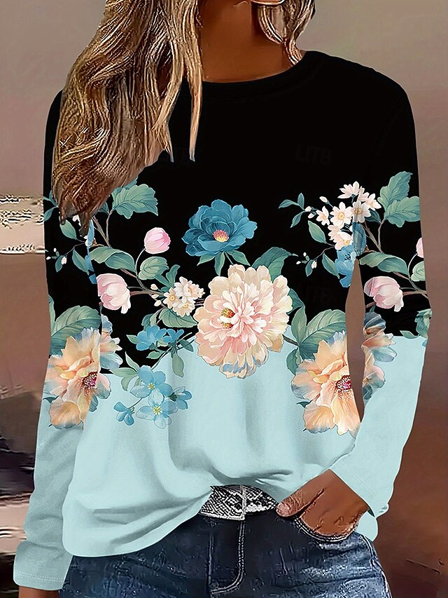 Women's T Shirt Floral Graphic Plants Vintage Stylish Classic Long Sleeve Crew Neck Round Neck Regular Tops Daily Print Light Blue Spring Fall Winter4
