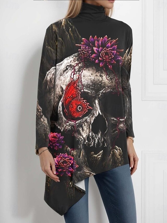 Halloween Sarah Richter by Women's Blouse Floral Graphic  Stylish Classic Casual Long Sleeve Turtleneck Regular Tops Party Evening Wear Daily Going out Asymmetric Black Summer Spring Fall Winter4