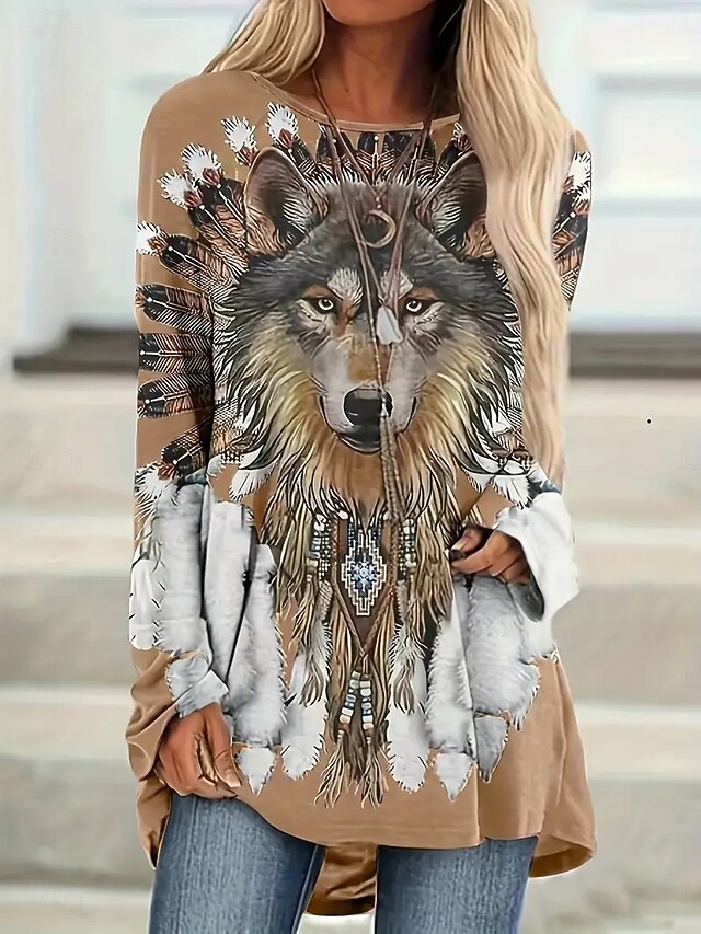 Women's T Shirt Graphic Animal Tribal Vintage Stylish Classic Long Sleeve Crew Neck Round Neck Long Tops Daily Print Black Brown Khaki Spring Fall4