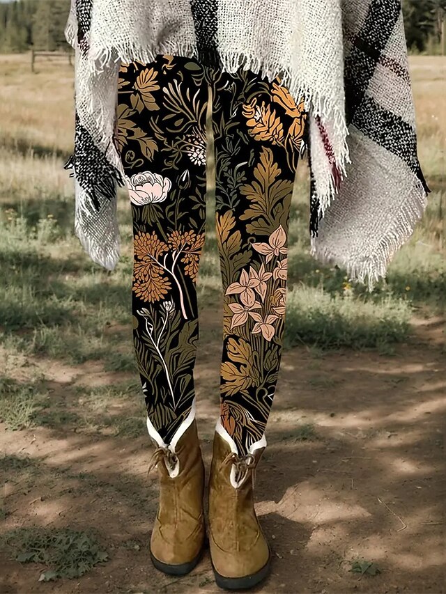 Women's Pants Trousers Leggings Cozy Leggings Streetwear Casual Full Length High Waist Floral Elastic Waist Print Breathability Comfortable Stretchy Vacation Street Daily Wear Orange Spring Fall4