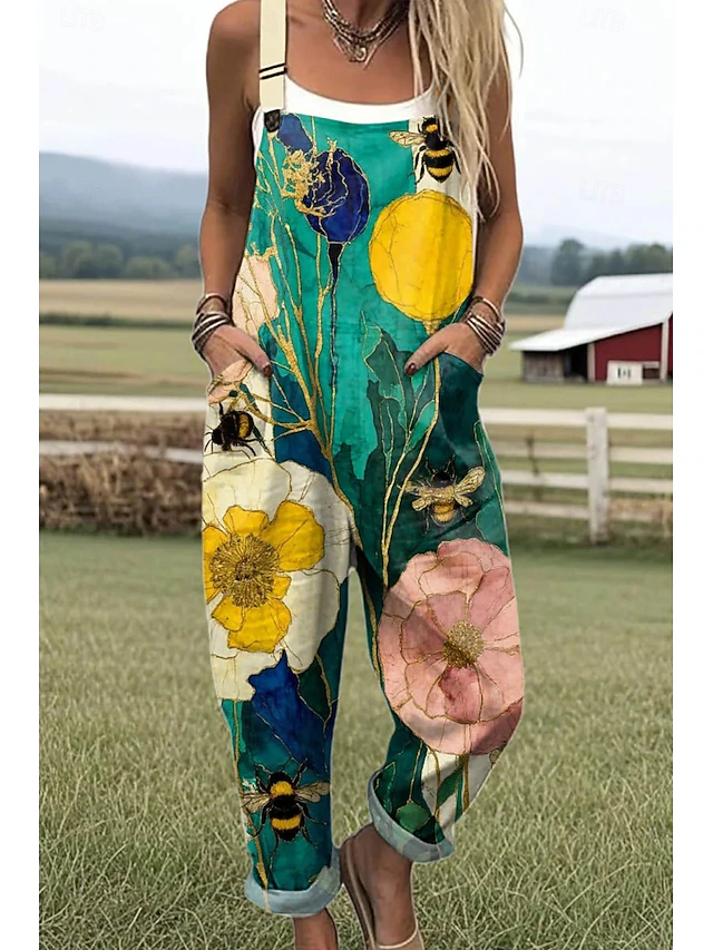 Women's Dungarees Active Floral Sleeveless Sleeveless Straight Square Neck Pocket with Pocket Vacation Daily Loose Fit Light Green Blue Green Summer4