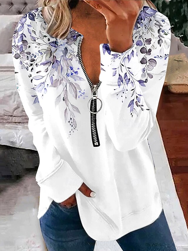 Women's Pullover Sweatshirt Zip Up Sweatshirts Floral Graphic Fashion Casual Long Sleeve Crew Neck Regular Tops Street Dailywear Zipper Print Light Green Pink Purple Fall Winter4