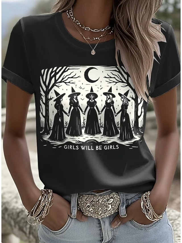  Halloween Femmes T-shirt Graphique Halloween Sorcière ancien Élégant Classique Manche Courte Col ras du cou Col rond Hauts Réguliers Quotidien Week-end Imprimé Noir Orange Vert Automne Hiver