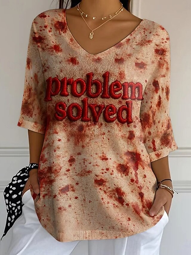 Women's Blouse Graphic Letter Daily Casual 3/4 Length Sleeve V Neck Regular Tops Daily Holiday Print Red Summer Spring Fall4