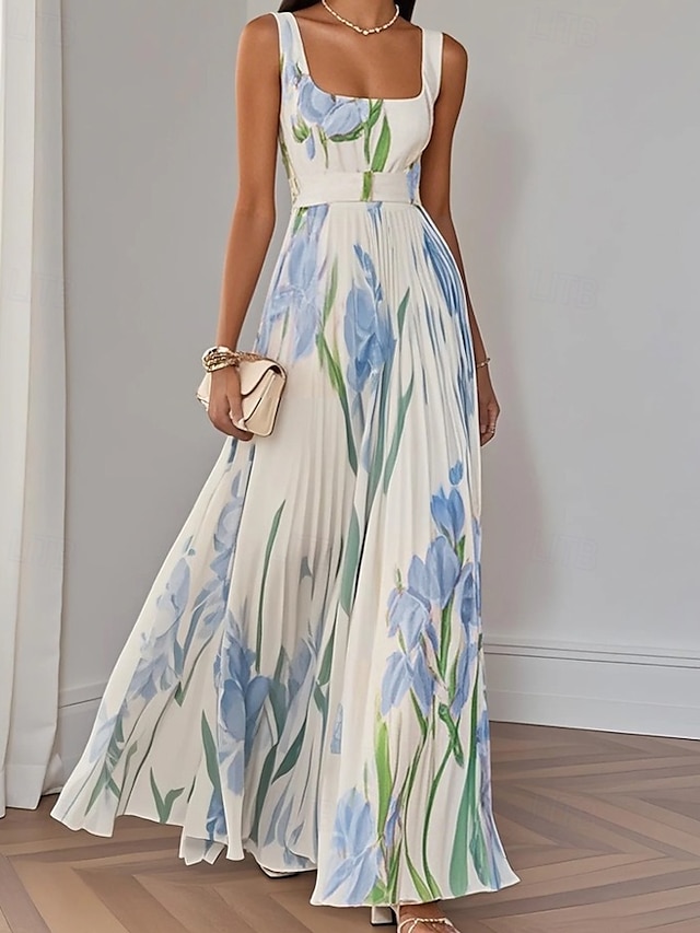  Femmes Robe Longue Maxi Robe Robe de Bal Robe de Soirée Robe Imprimée Mode Moderne Soirée Anniversaire Date Coupe régulière Fleur Sans manches Col carré Blanche Jaune Rose Claire Bleu Été