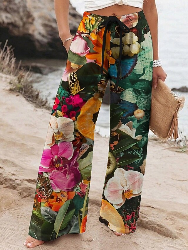 Women's Wide Leg Pants Trousers Vacation Casual Long High Waist Floral Elastic Waist Printing High Cut Breathability Soft Micro-elastic Vacation Street Daily Wear Dark Green Spring Fall Regular Fit4