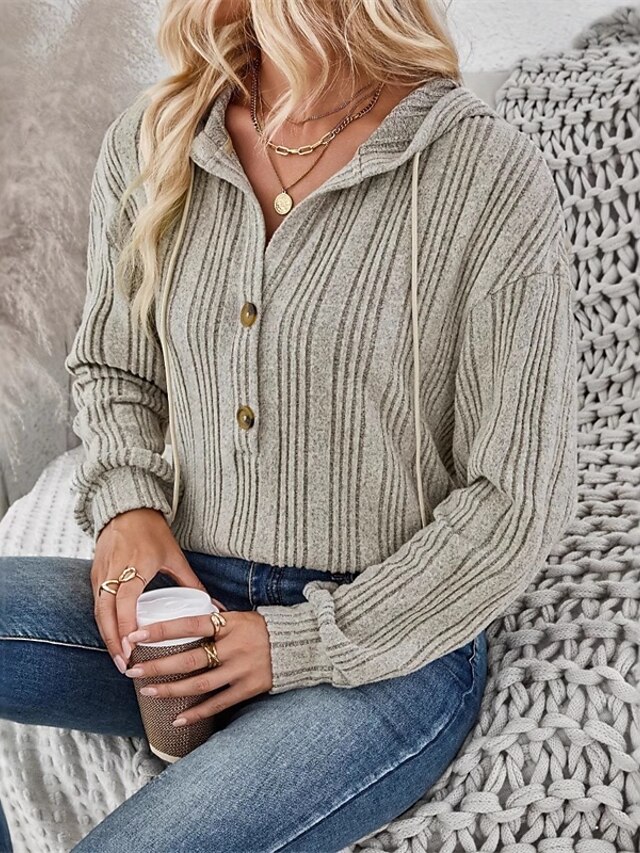  Damen Kapuzenpullover Einfach Streetwear Lässig Langarm Mit Kapuze Normale Oberteile Straße Alltagskleidung Knöpfe Khaki Frühling Herbst