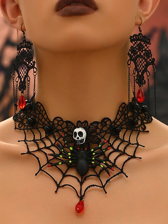  Conjunto de collar y pendientes de araña y calavera de Halloween para mujer: diseño de red de encaje negro con gema roja, perfecto para fiestas y disfraces de Halloween.