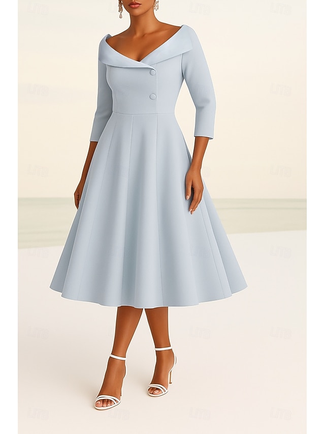  Black Tuxedo Dress A-Line Mother of the Bride Dress Portrait Collar Stretch Crepe Elegant Simple Minimalist Satin Lapel Stretch Fabric 3/4 Length Sleeve with Solid Color 2025
