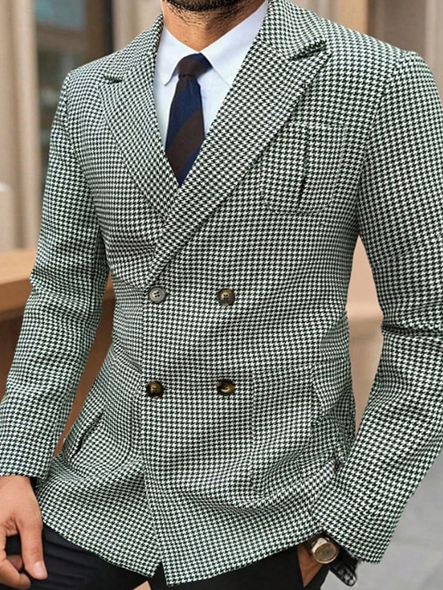  Herr Kavaj Företag Cocktailfest Bröllopsfest Mode Ledigt Vår Höst Polyester Hundtandsmönster Ficka Knappar Bekväm Dubbelknäppt Blazer Grön