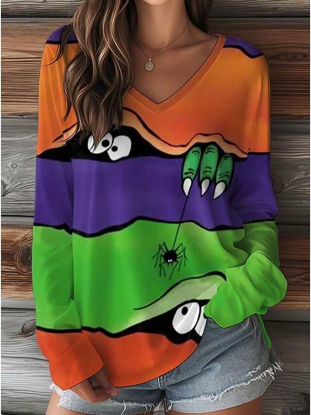 Halloween Women's T shirt Monster Graphic Vintage Stylish Classic Long Sleeve V Neck Regular Tops Daily Weekend Print Black Orange Khaki Spring Fall4
