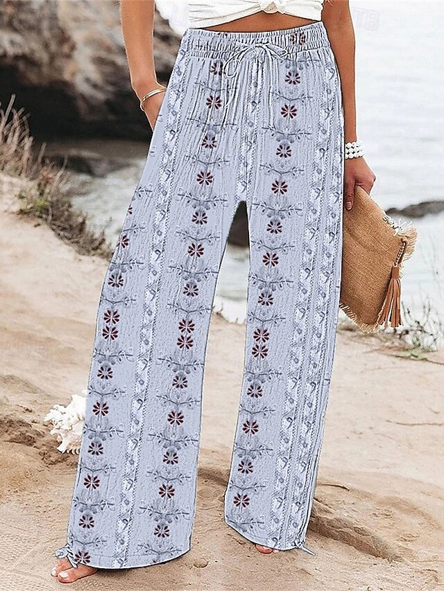 Women's Wide Leg Pants Trousers Palazzo Pants Fashion Boho Full Length High Waist Flower Drawstring Elastic Waist Print Breathability Comfortable Street Daily Wear Going out Light Blue Spring Fall4