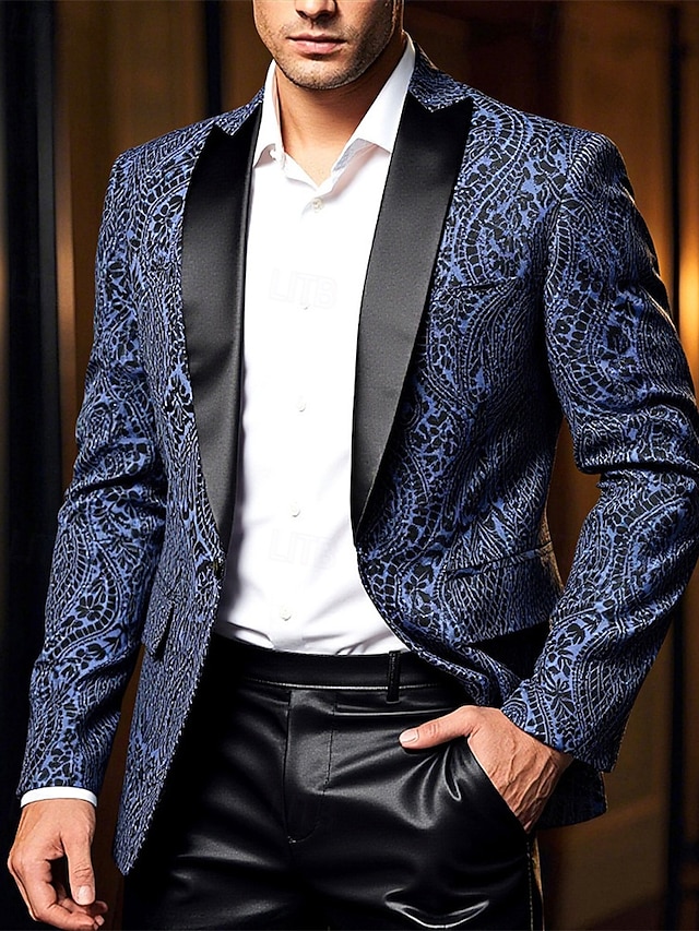  Per uomo Blazer Affari Cocktail party Ricevimento di matrimonio Moda Casual Primavera Autunno Poliestere Anacardi Tasca Bottoni Confortevole Monopetto Giacca Blu marino