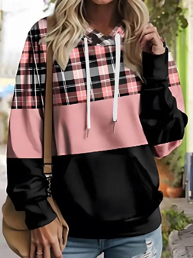Women's Pullover Hoodie Sweatshirt Graphic Geometric Plaid Fashion Casual Print Long Sleeve Hooded Regular Tops Street Dailywear Drawstring Print Pink Red Blue Fall Winter4