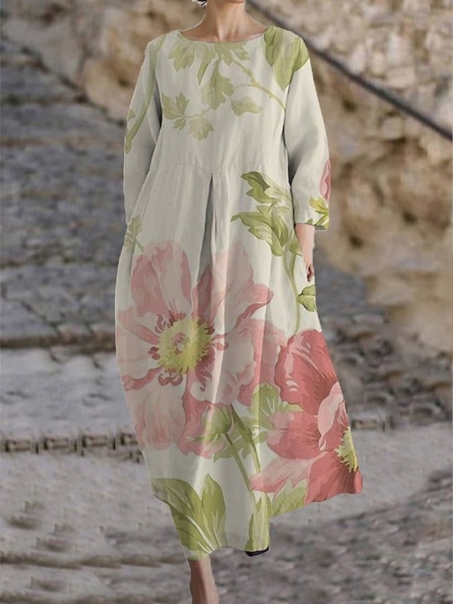  Női Maxiruha A vonalú ruha Fit and Flare ruha Buli Alkalmi Boho Parti Esküvői vendég Napi Laza öltözet Virágos Grafika Hosszú ujj Terített nyak Arcpír rózsaszín Rubin Lóhere Tavasz Ősz Tél