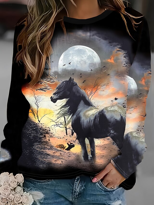 Women's Pullover Graphic Animal Casual Long Sleeve Crew Neck Regular Tops Casual Black Spring Fall Winter4