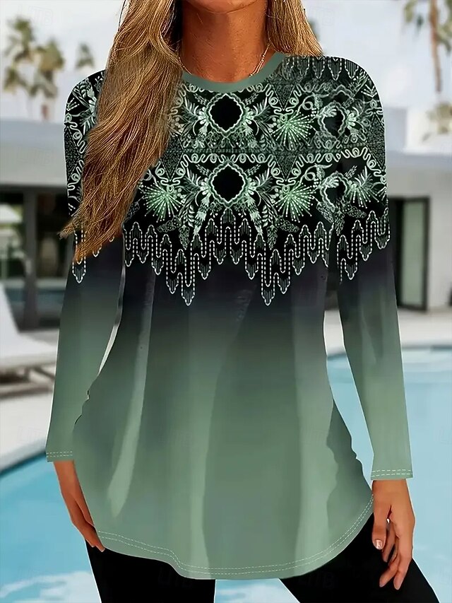 Women's T Shirt Floral Graphic Geometric Elegant Vintage Fashion Long Sleeve Crew Neck Round Neck Regular Tops Daily Weekend Print Sage Green Spring Fall Winter4
