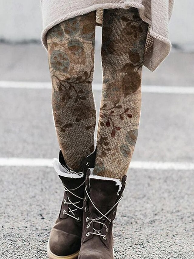 Women's Pants Trousers Leggings Cozy Leggings Streetwear Casual Full Length High Waist Floral Elastic Waist Print Breathability Comfortable Stretchy Vacation Street Daily Wear Khaki Summer Spring Fall4