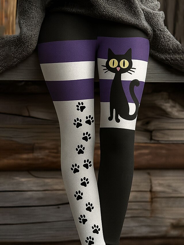 Women's Leggings Vacation Vintage Fashion Full Length High WaistPantsHalloween Graphic Cat Patchwork Printing Thermal Warm Soft Breathable High Elasticity Formal Outdoor Vacation Grey Black Amethyst4