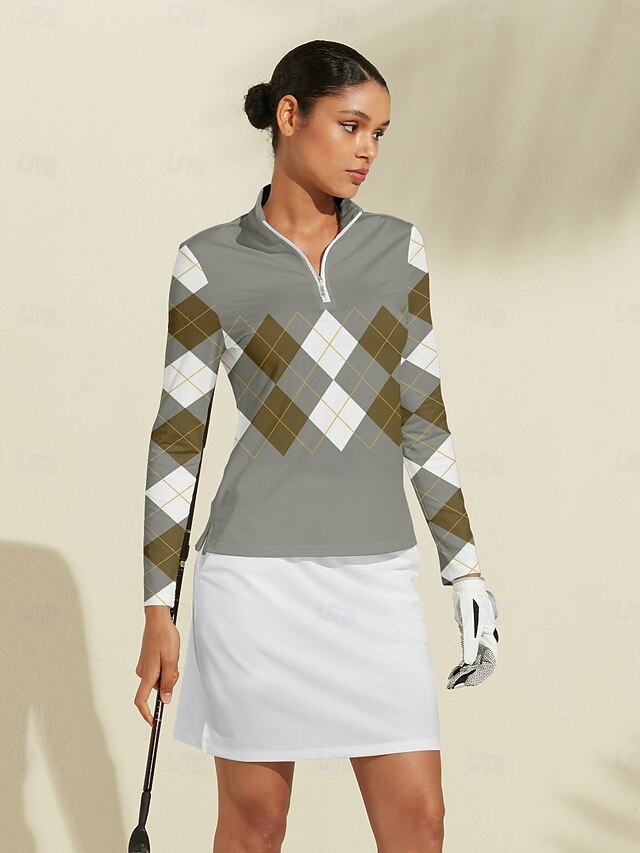 Women's Golf Polo Shirt Grey Long Sleeve Top Ladies Golf Attire Clothes Outfits Wear Apparel3
