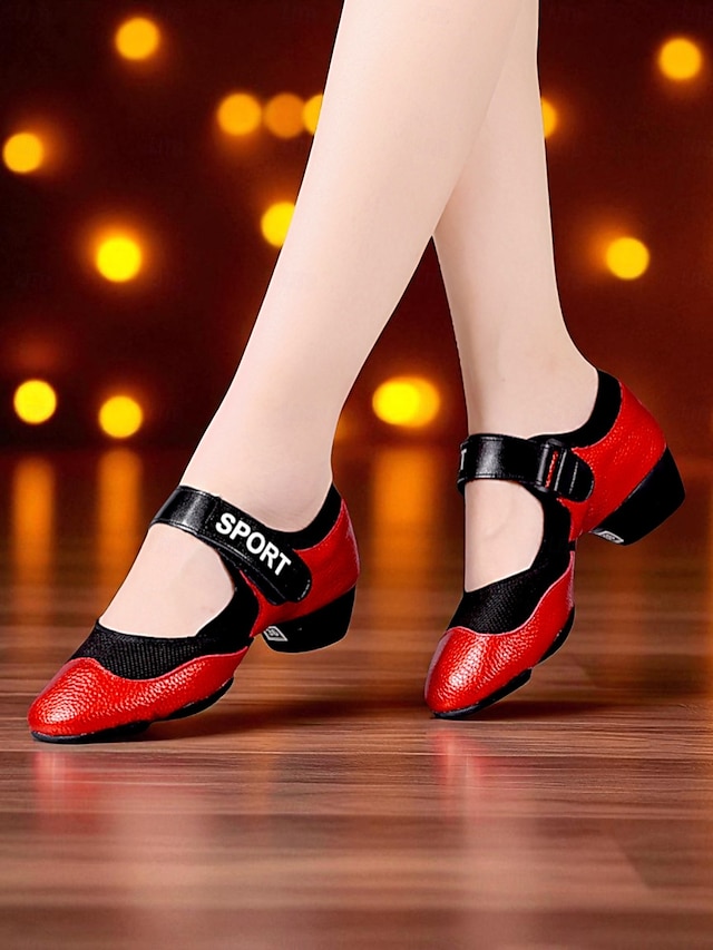  Sapatos de dança jazz femininos com sola dividida vermelha e preta - tênis de performance confortáveis e antiderrapantes para prática de dança latina, moderna e de salão