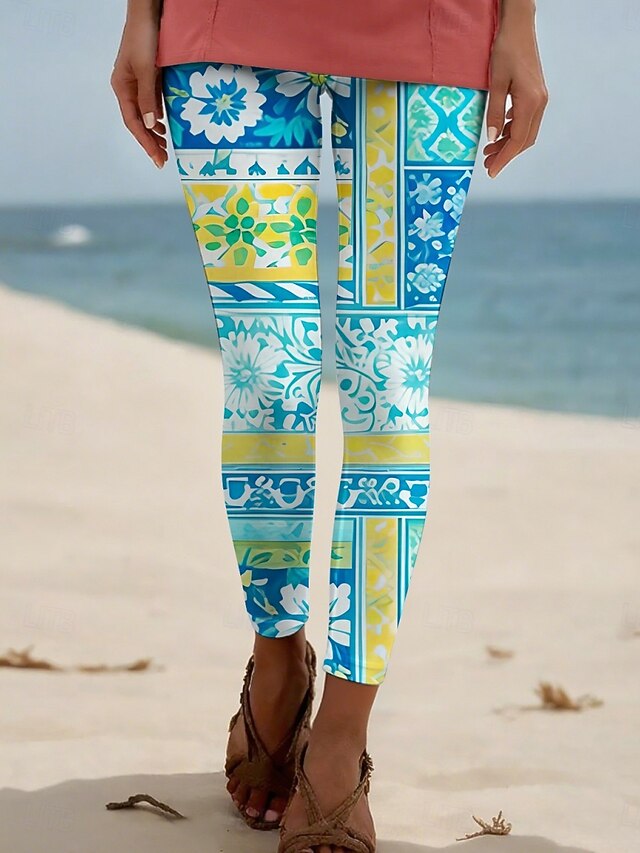 Women's Pants Trousers Leggings Ethnic Style Casual Full Length High Waist Floral Elastic Waist Print Breathability Comfortable Stretchy Vacation Street Daily Wear Royal Blue Blue Summer Spring Fall4