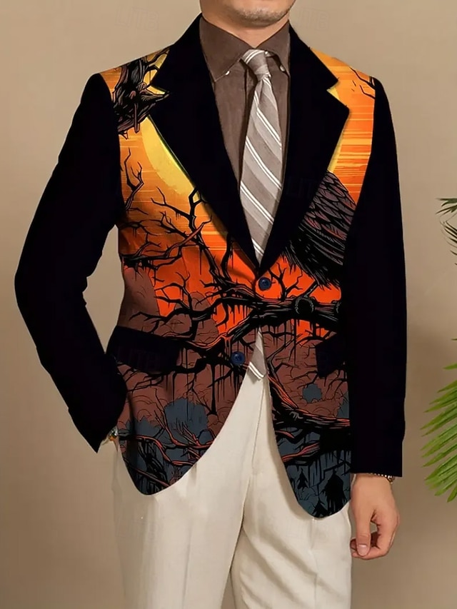  Halloween Men's Coat Blazer Party Street Festival Casual Daily British All Seasons 100% Polyester Pumpkin 3D Print Buttons Comfortable Single Breasted Blazer Black Orange Brown